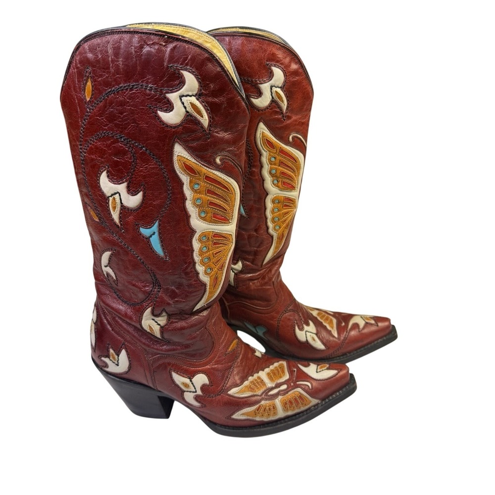 Corral Butterfly Inlay Red Leather Cowboy Boot Country Festival Boho‎ Sz 7.5 - Picture 6 of 12